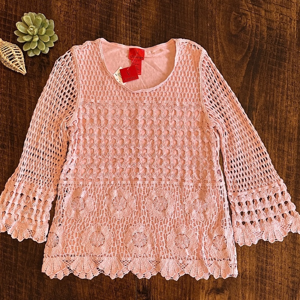 V Cristina | Pastel Pink Fairycore Crocheted Bell Sleeve Blouse, Size M, NWT